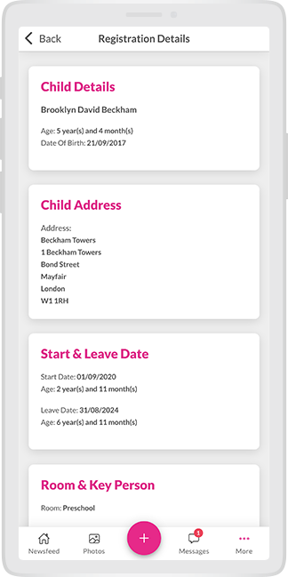 Registration form on the parent app