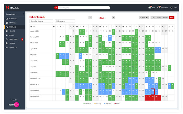 Holiday calendar on HR admin nursery management software