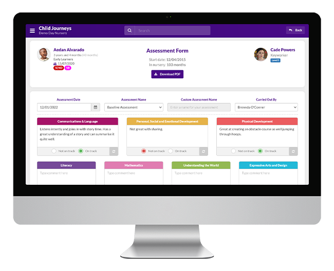 Assessment form on child learning journeys management system