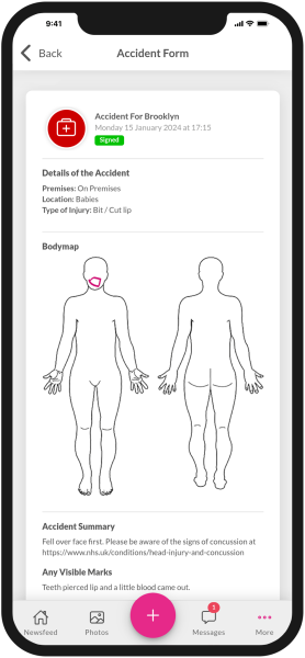 Accident forms on the Nursery in a Box app